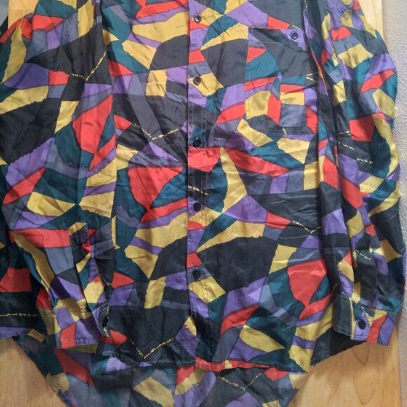 Vintage Protest Abstract Geometric Color Block Silk Shirt - Picture 3 of 8